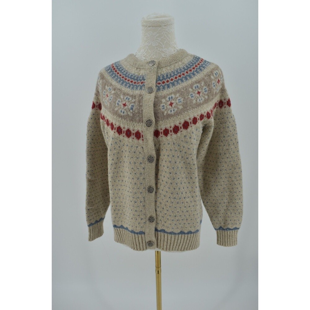 Vintage 1988 Eddie Bauer Wool Blend Fair Isle Cardigan Sweater Oatmeal Medium